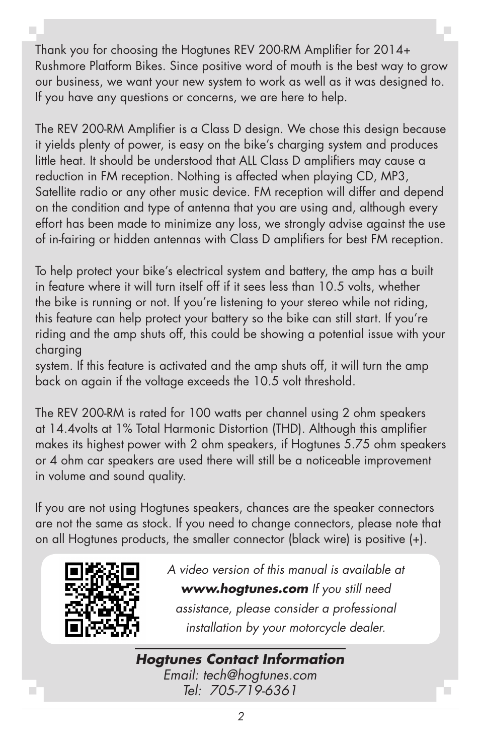 Hogtunes REV 200-RM : 2 Channel Class D Amplifier / 2x100 watts (2014 - model year) User Manual | Page 2 / 8
