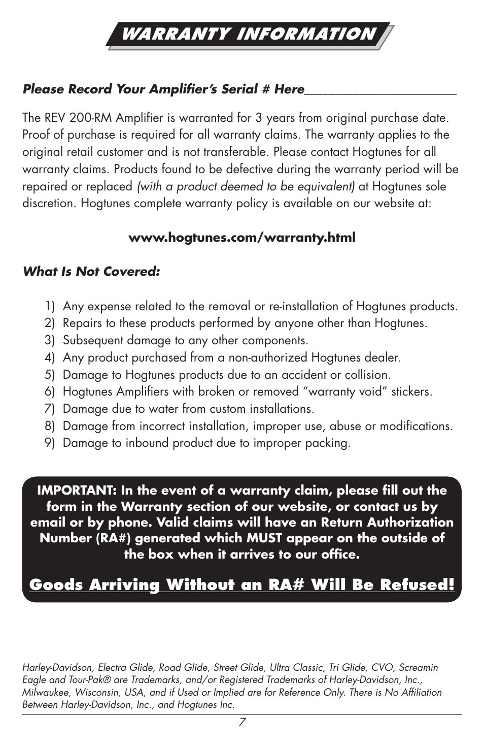 Warranty information, Goods arriving without an ra# will be refused | Hogtunes REV 200-RM : 2 Channel Class D Amplifier / 2x100 watts (2014 - model year) User Manual | Page 7 / 8