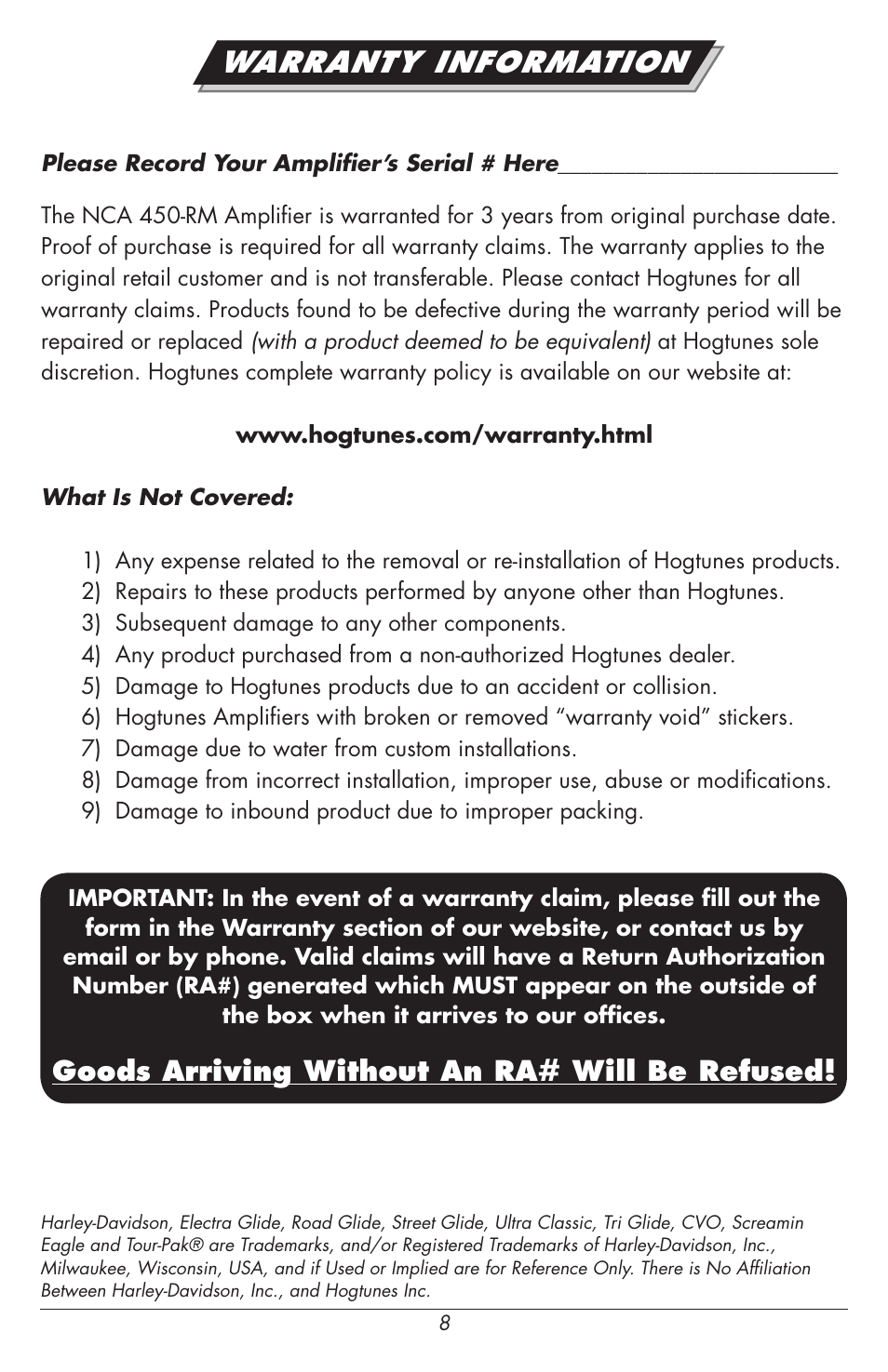 Warranty information, Goods arriving without an ra# will be refused | Hogtunes NCA 450-RM : 4 Channel Amplifier / 4x50 watts (2014 - model year) User Manual | Page 10 / 12