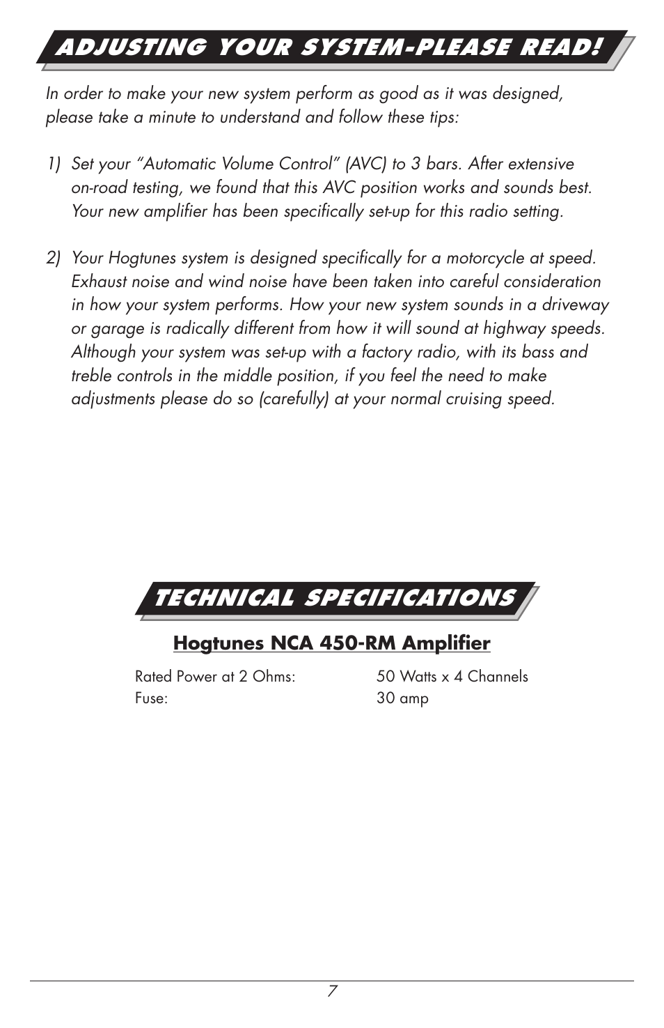 Adjusting your system-please read, Technical specifications | Hogtunes NCA 450-RM : 4 Channel Amplifier / 4x50 watts (2014 - model year) User Manual | Page 9 / 12