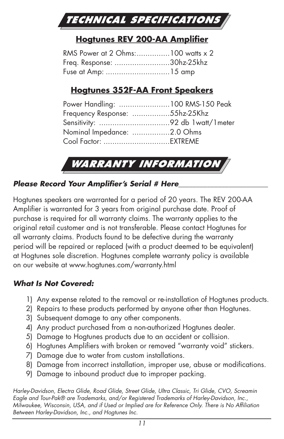 Technical specifications, Warranty information | Hogtunes REV 200SG KIT-AA : 2 Channel Amp / Speakers (1998 - 2013 - model years) User Manual | Page 11 / 12