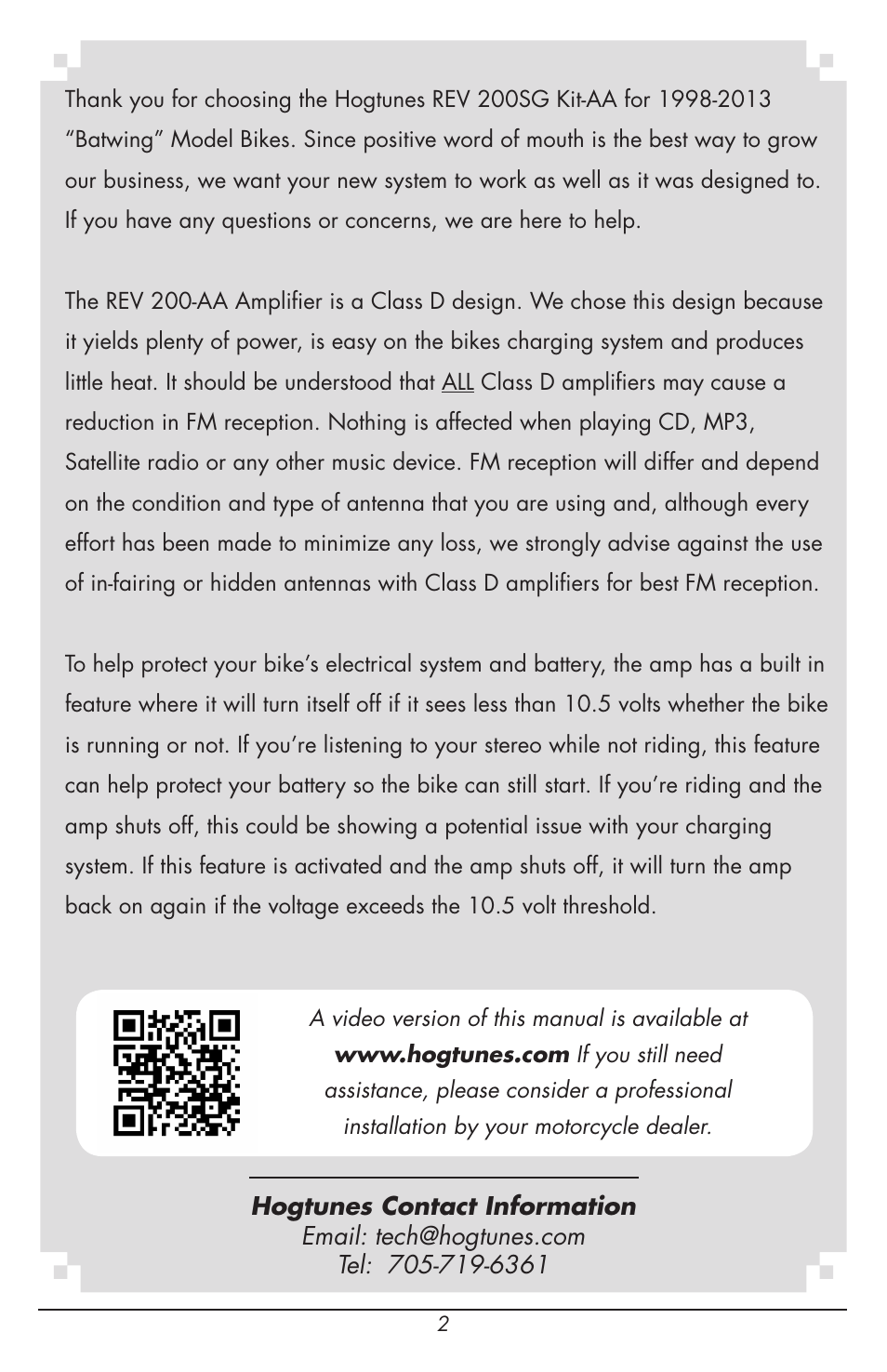 Hogtunes REV 200SG KIT-AA : 2 Channel Amp / Speakers (1998 - 2013 - model years) User Manual | Page 2 / 12