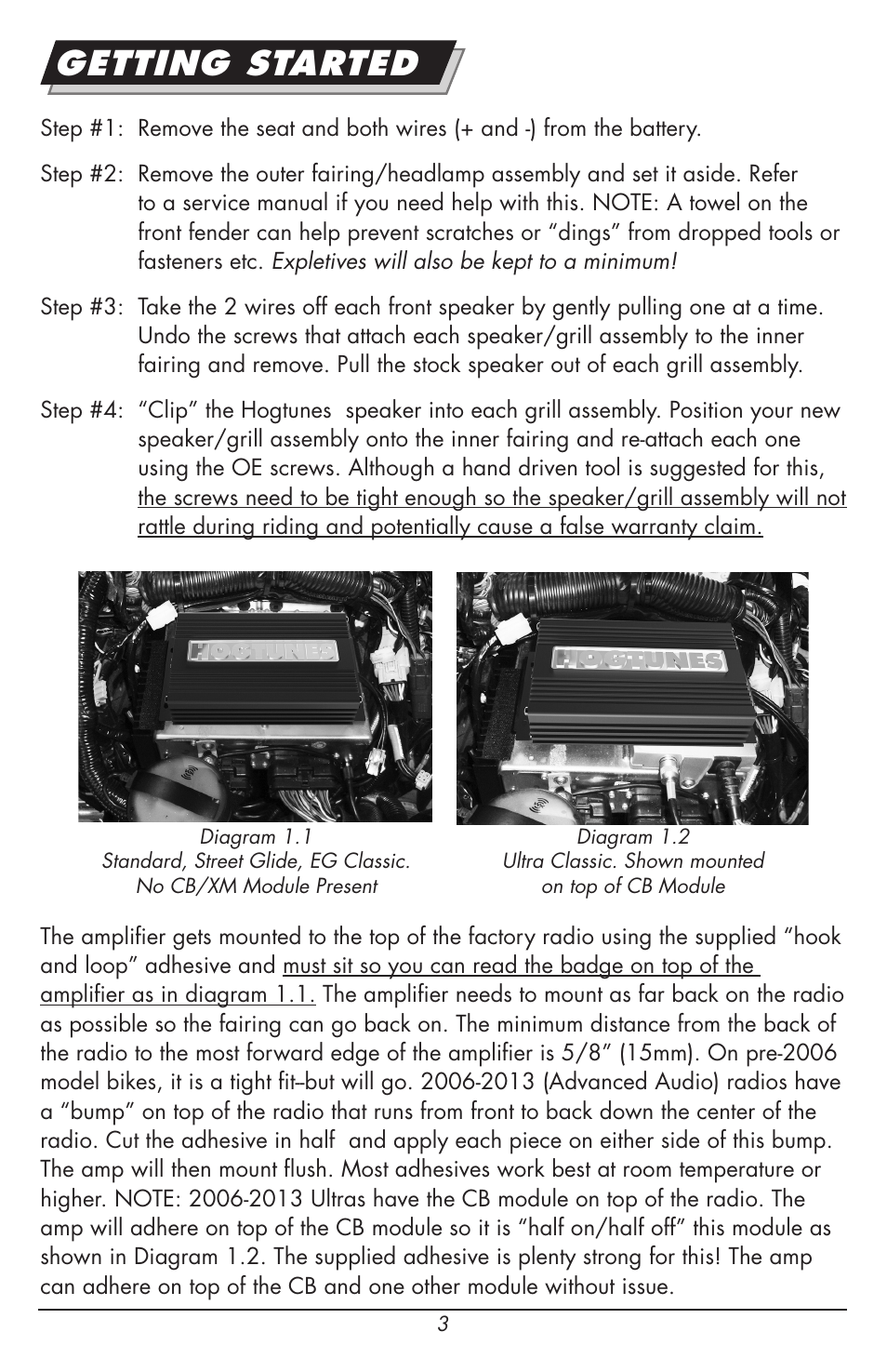 Getting started | Hogtunes REV 200SG KIT-AA : 2 Channel Amp / Speakers (1998 - 2013 - model years) User Manual | Page 3 / 12