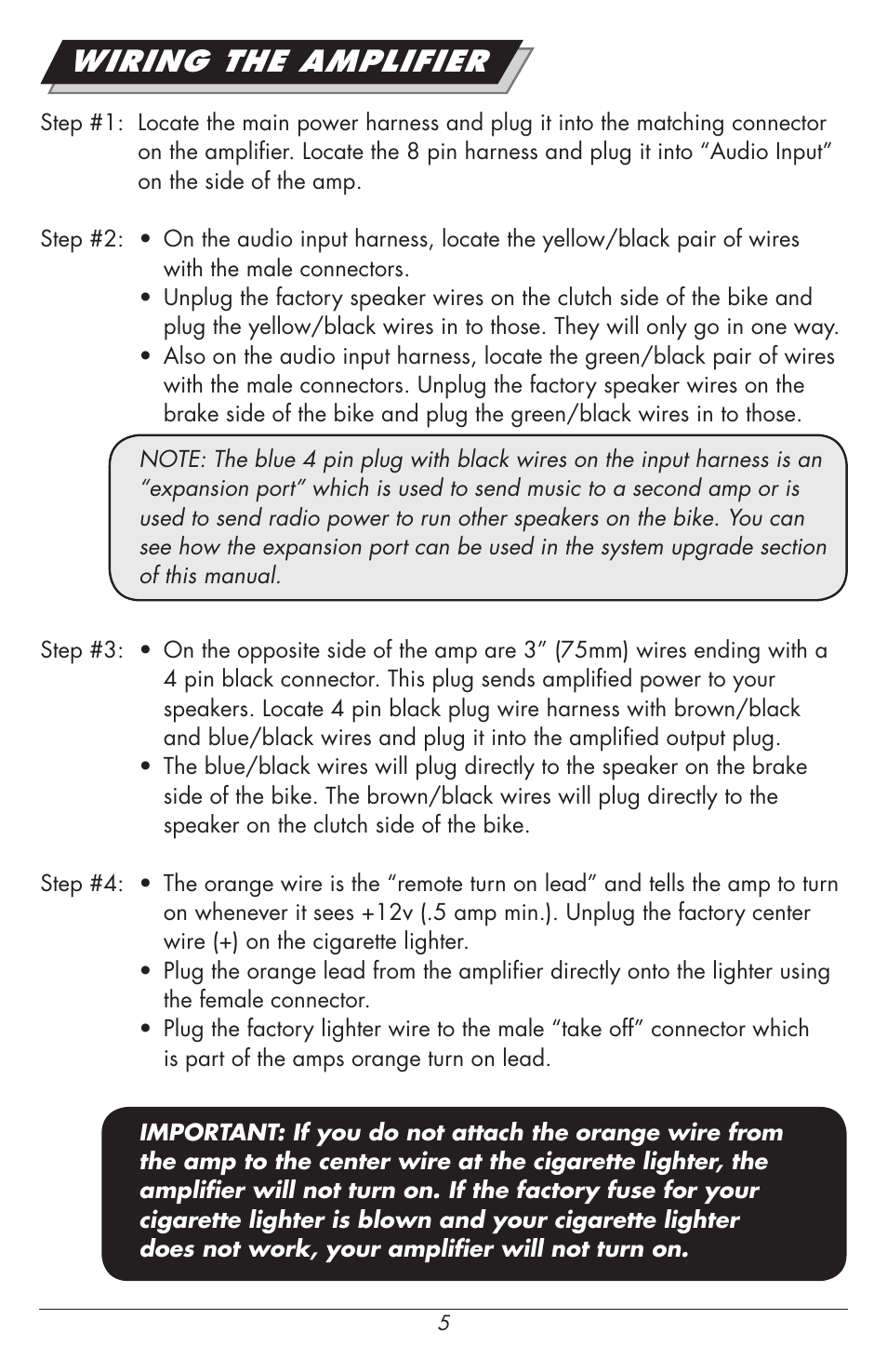 Wiring the amplifier | Hogtunes REV 200SG KIT-AA : 2 Channel Amp / Speakers (1998 - 2013 - model years) User Manual | Page 5 / 12