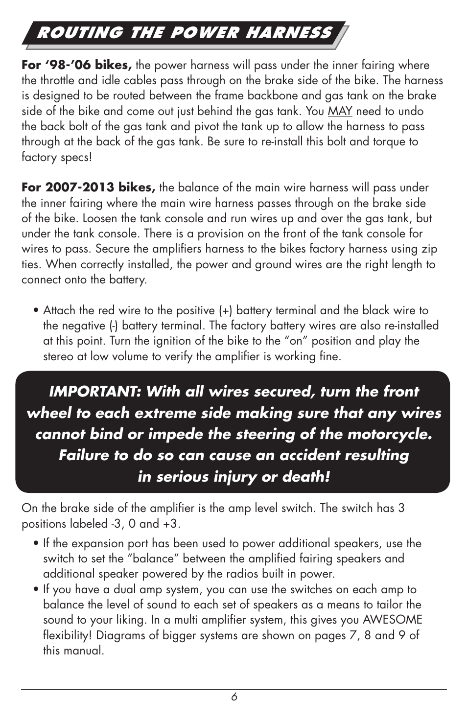 Routing the power harness | Hogtunes REV 200SG KIT-AA : 2 Channel Amp / Speakers (1998 - 2013 - model years) User Manual | Page 6 / 12
