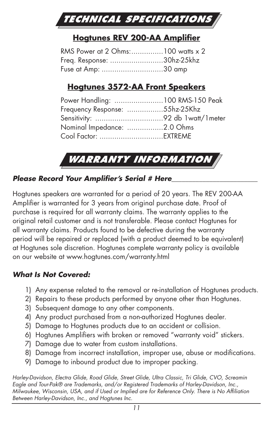 Warranty information, Technical specifications | Hogtunes REV 200RG KIT-AA : RoadGlide Amp / Speaker Kit (1998 - 2013 - model years) User Manual | Page 11 / 12