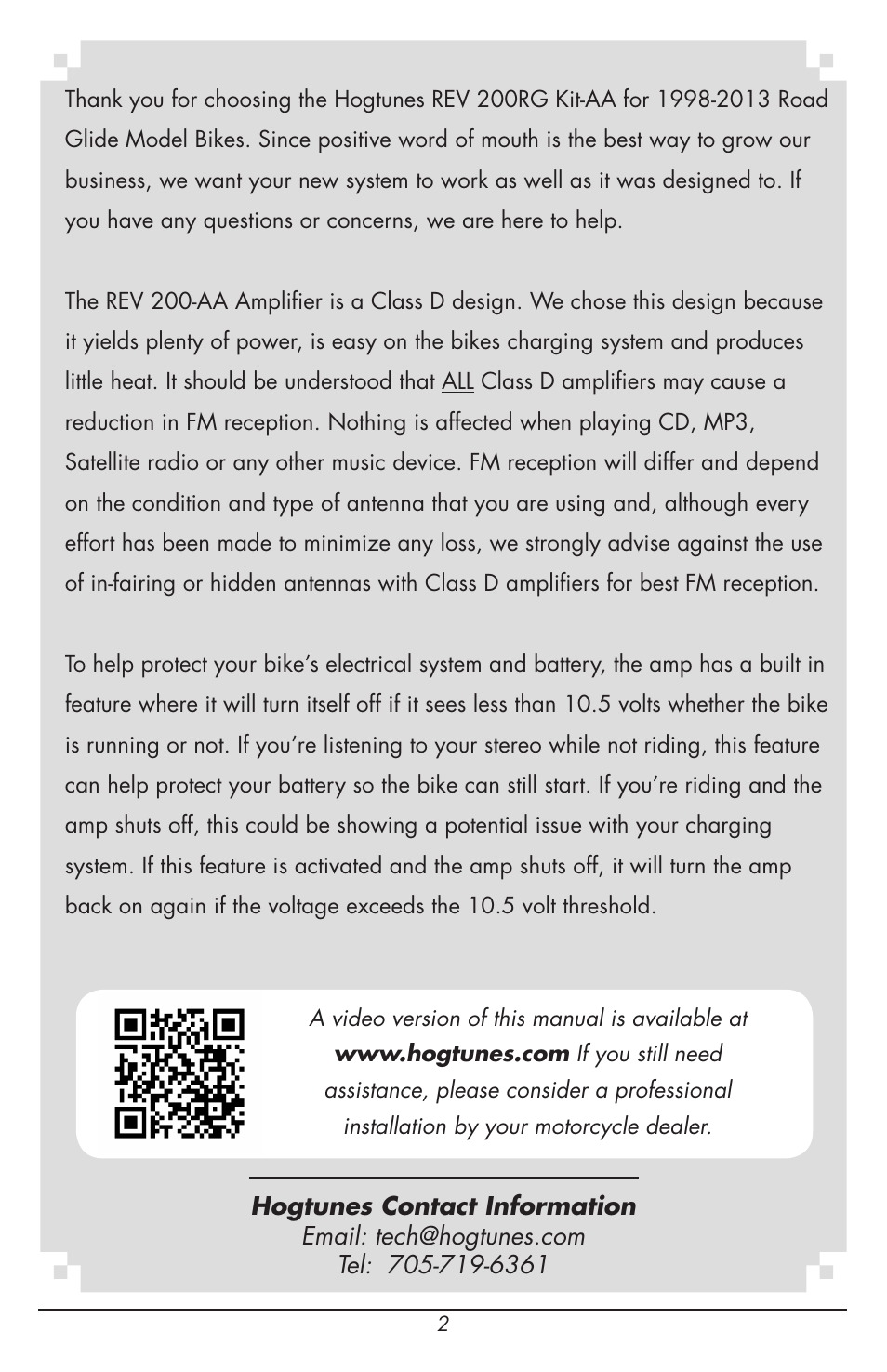Hogtunes REV 200RG KIT-AA : RoadGlide Amp / Speaker Kit (1998 - 2013 - model years) User Manual | Page 2 / 12