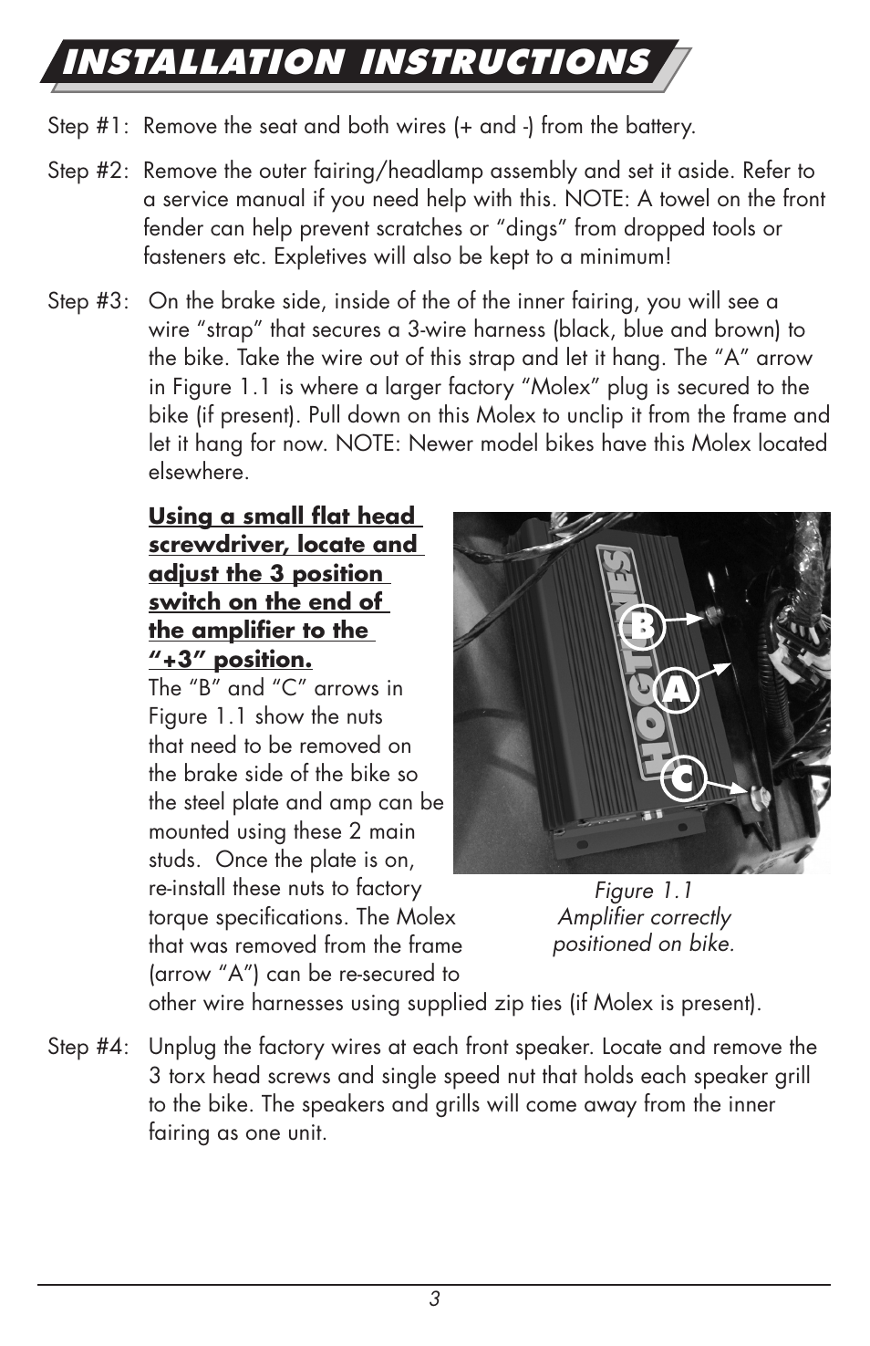 Installation instructions, Ab c | Hogtunes REV 200RG KIT-AA : RoadGlide Amp / Speaker Kit (1998 - 2013 - model years) User Manual | Page 3 / 12