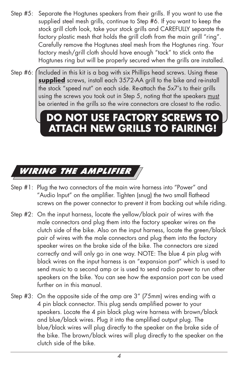 Wiring the amplifier | Hogtunes REV 200RG KIT-AA : RoadGlide Amp / Speaker Kit (1998 - 2013 - model years) User Manual | Page 4 / 12