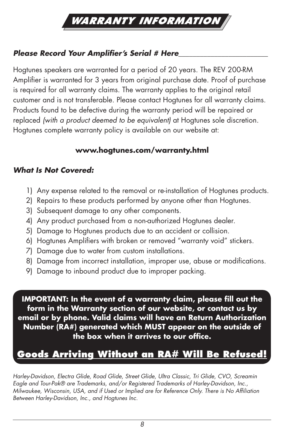 Warranty information, Goods arriving without an ra# will be refused | Hogtunes REV 200SG Kit-RM : 2 Channel Amp / Speakers (2014 - model year) User Manual | Page 10 / 12