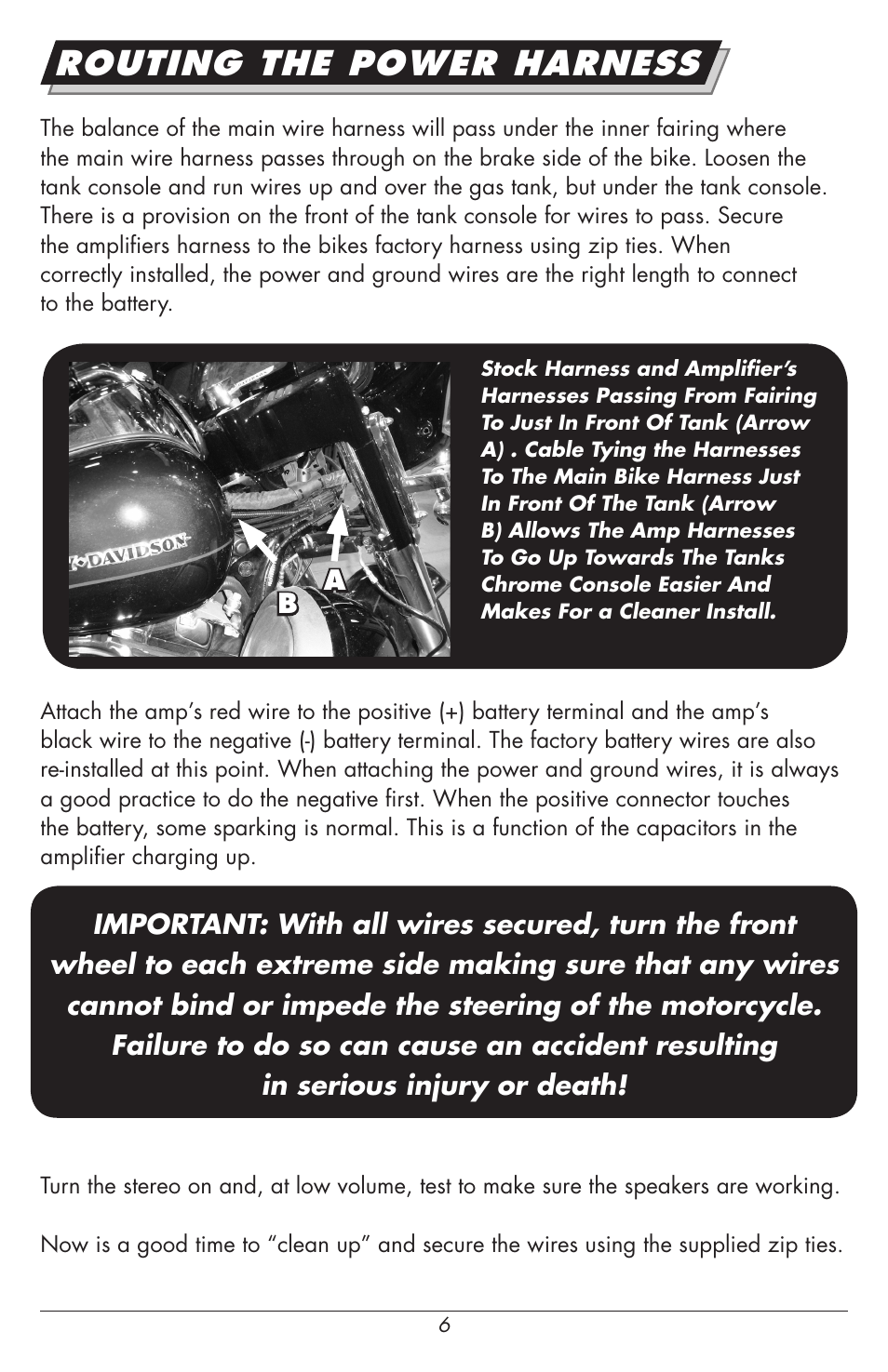 Routing the power harness | Hogtunes REV 200SG Kit-RM : 2 Channel Amp / Speakers (2014 - model year) User Manual | Page 8 / 12