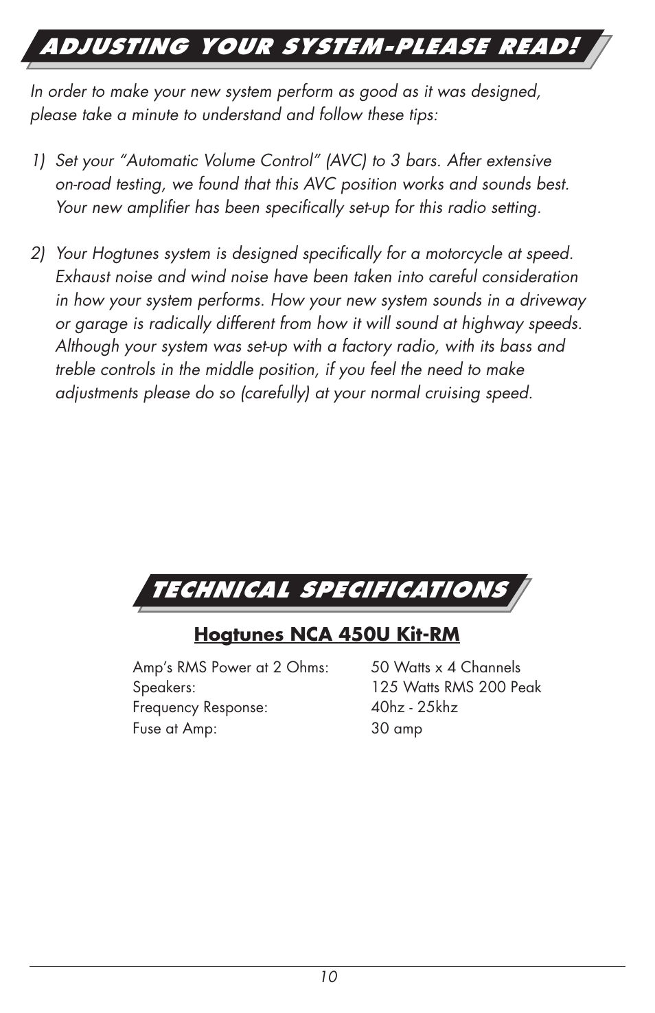 Adjusting your system-please read, Technical specifications | Hogtunes NCA 450U Kit-RM : 4 Channel Amplifier / Speakers (2014 - model year) User Manual | Page 10 / 12