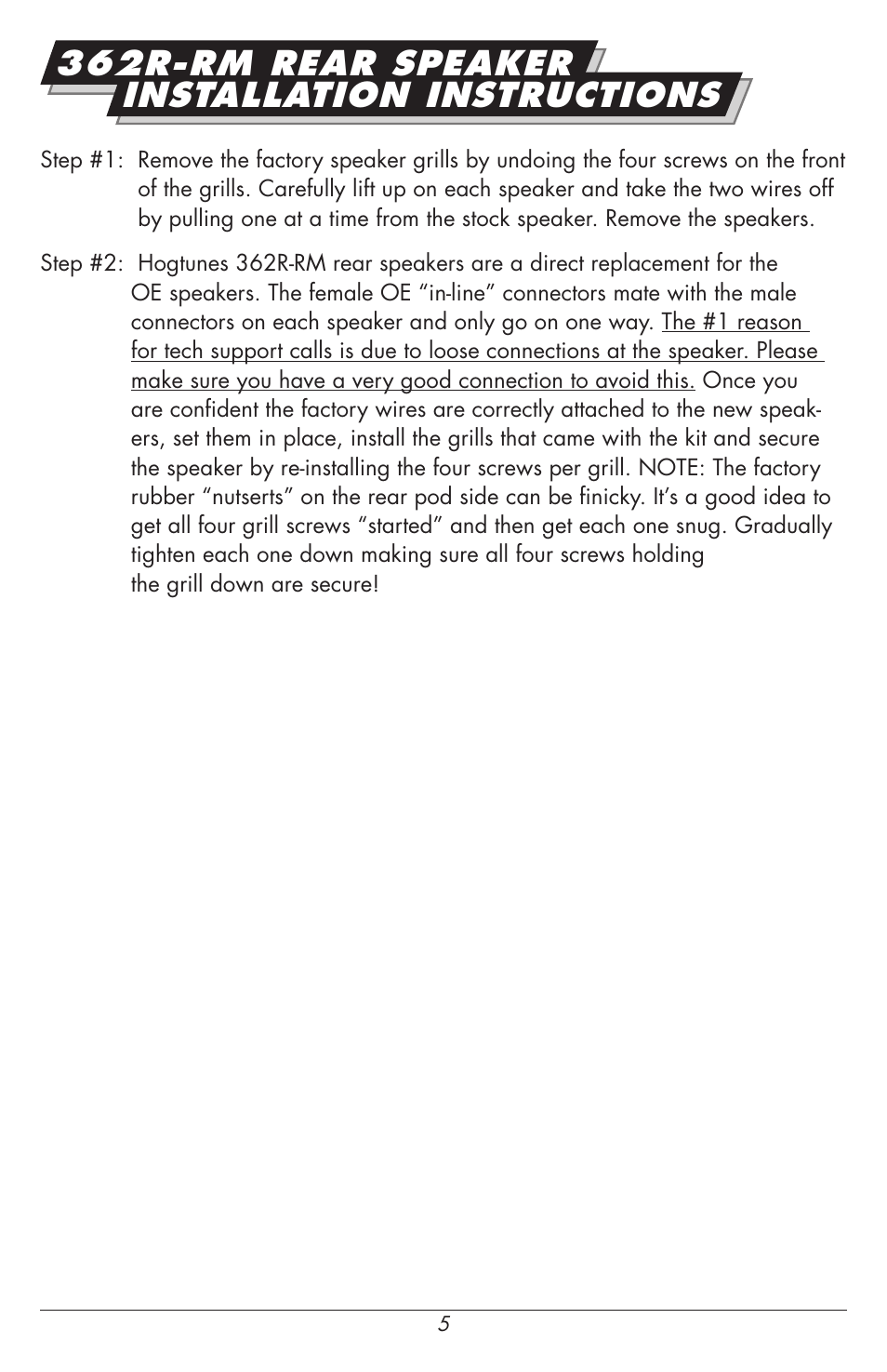 362r-rm rear speaker installation instructions | Hogtunes NCA 450U Kit-RM : 4 Channel Amplifier / Speakers (2014 - model year) User Manual | Page 5 / 12