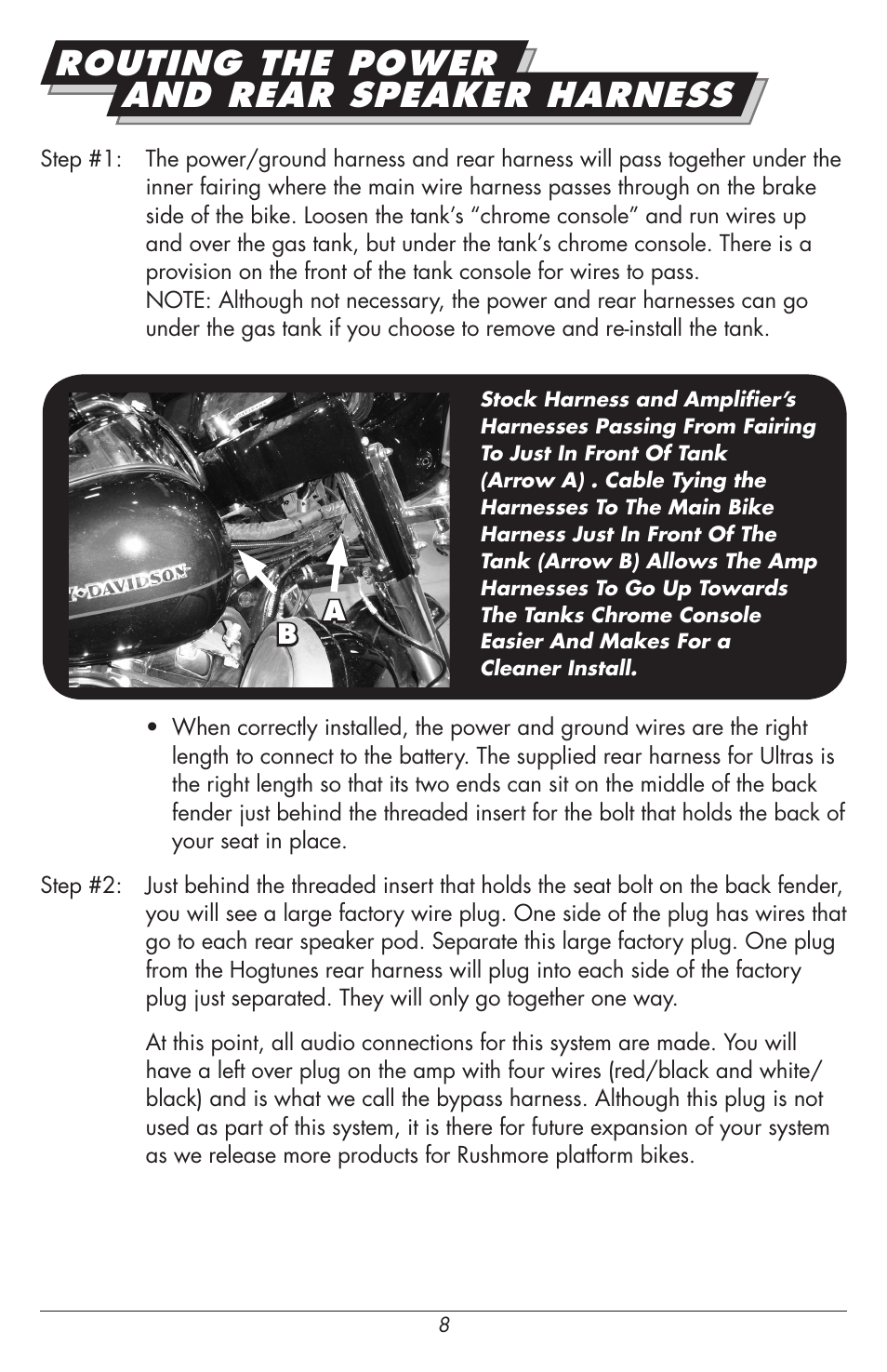 Routing the power and rear speaker harness | Hogtunes NCA 450U Kit-RM : 4 Channel Amplifier / Speakers (2014 - model year) User Manual | Page 8 / 12