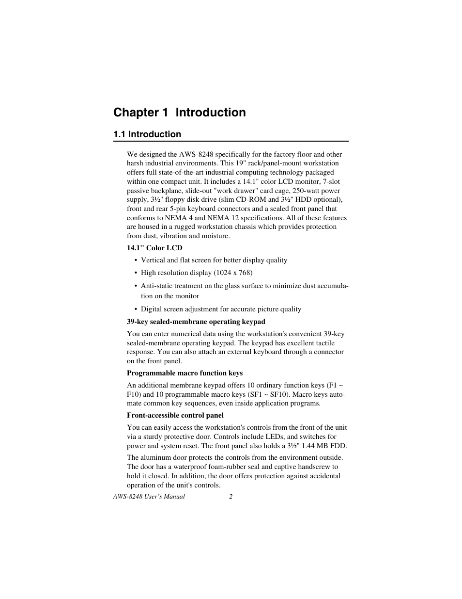 Chapter 1 introduction, 1 introduction, Introduction | Advantech AWS-8248 User Manual | Page 10 / 66