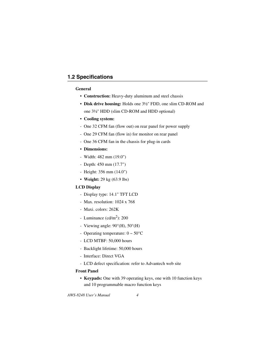 2 specifications, Specifications | Advantech AWS-8248 User Manual | Page 12 / 66