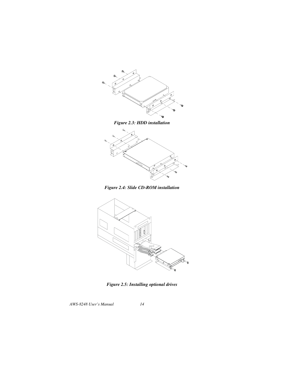 Figure 2.3: hdd installation, Figure 2.4: slide cd-rom installation, Figure 2.5: installing optional drives | Advantech AWS-8248 User Manual | Page 22 / 66