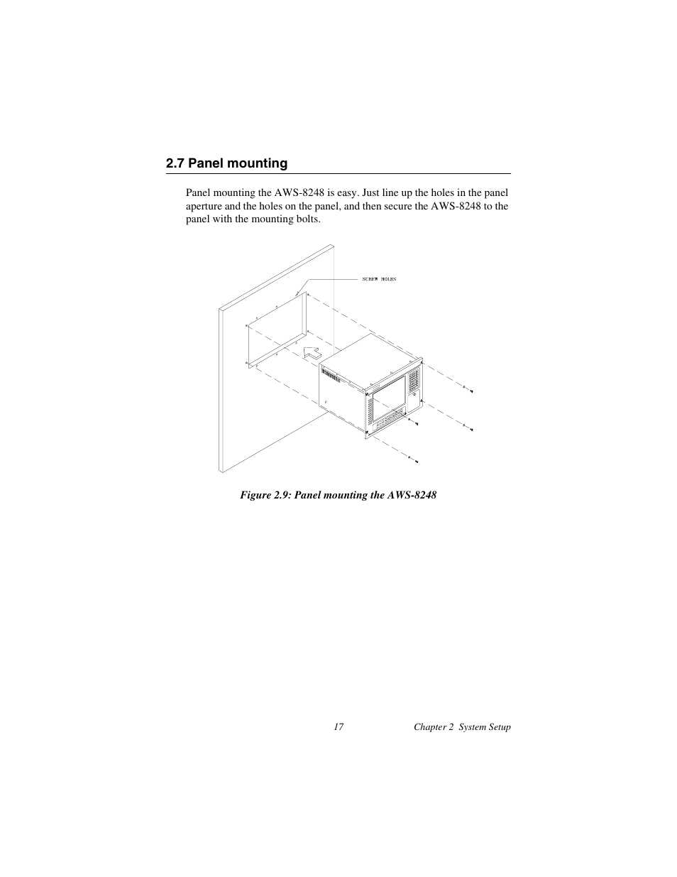 7 panel mounting, Figure 2.9: panel mounting the aws-8248, Panel mounting | Advantech AWS-8248 User Manual | Page 25 / 66