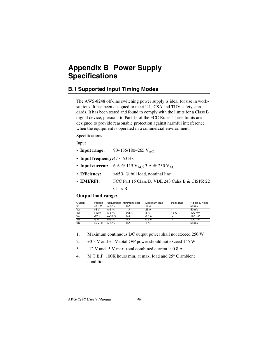 Appendix b power supply specifications, B.1 supported input timing modes, Supported input timing modes | Appendix b, Power supply specifications, Output load range | Advantech AWS-8248 User Manual | Page 54 / 66