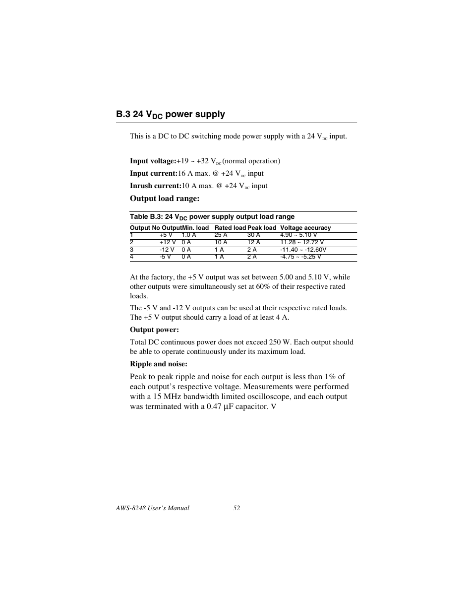 B.3 24 vdc power supply, Table b.3: 24 vdc power supply output load range, 24 vdc power supply | B.3 24 v, Power supply, Output load range | Advantech AWS-8248 User Manual | Page 60 / 66