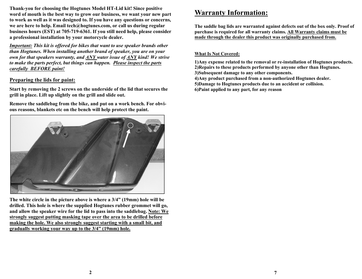 Warranty information, Preparing the lids for paint | Hogtunes HT- Lid : Saddle Bag Lids without Speakers User Manual | Page 2 / 4