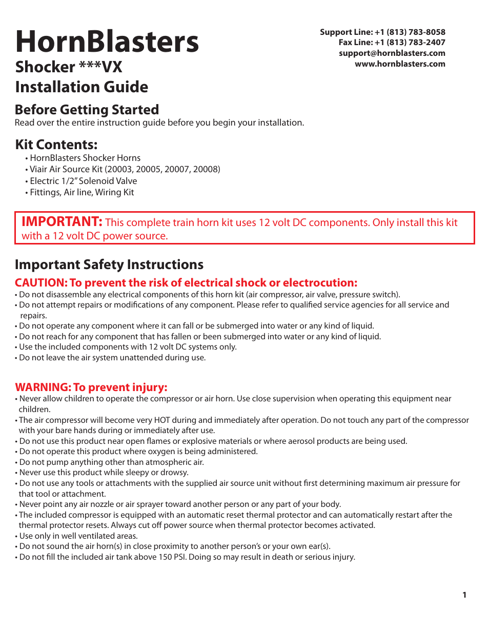 Shocker_228vx_color_pg1, Hornblasters, Shocker ***vx installation guide | Kit contents, Important, Before getting started, Important safety instructions | HornBlasters Shocker VX-Series User Manual | Page 2 / 8