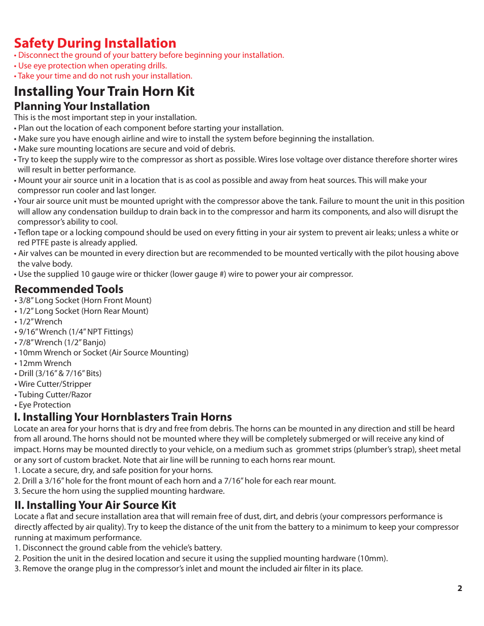 Shocker_228vx_color_pg2, Installing your train horn kit, Safety during installation | Planning your installation, Recommended tools, I. installing your hornblasters train horns, Ii. installing your air source kit | HornBlasters Shocker VX-Series User Manual | Page 3 / 8