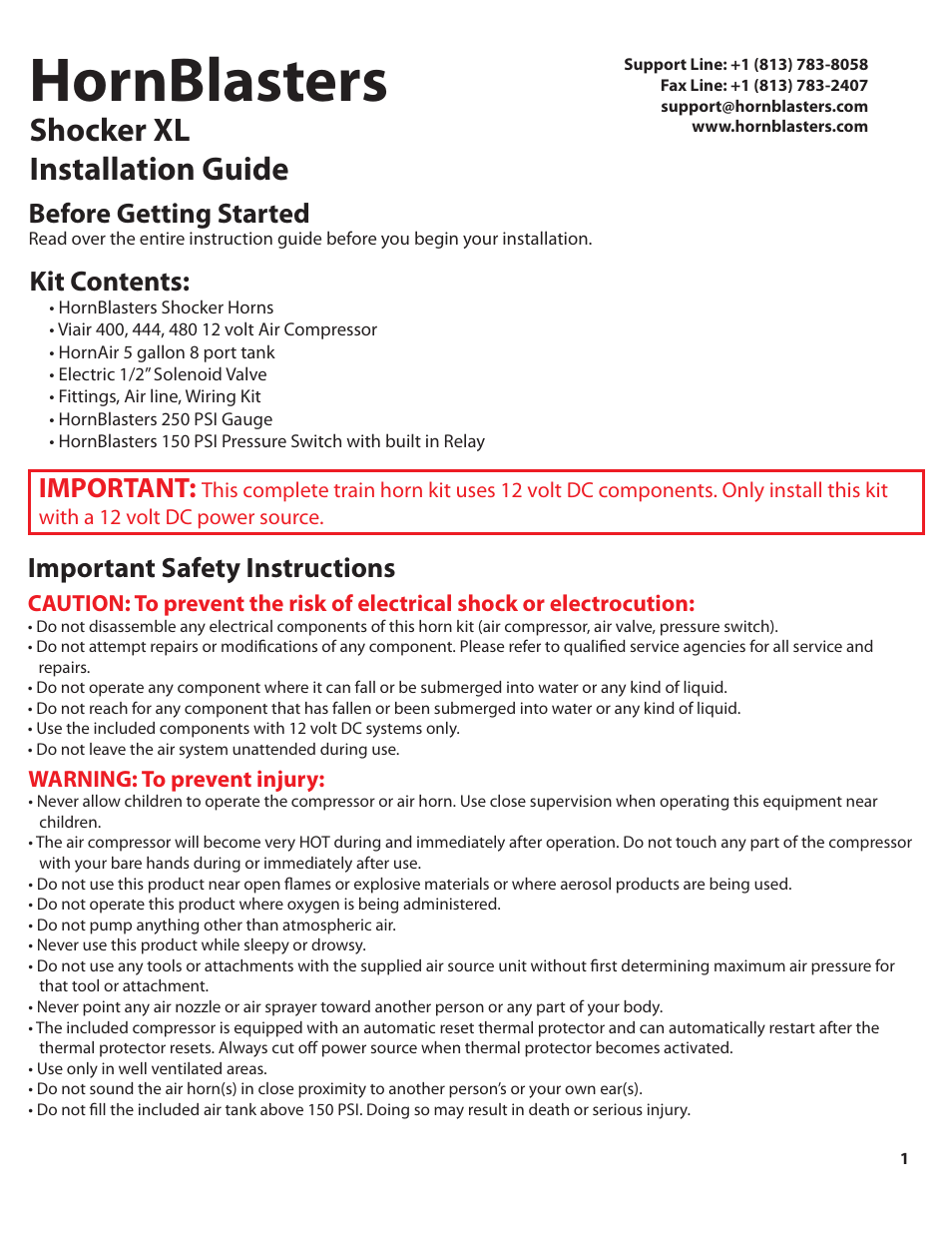 Shocker_540xl_color_pg1, Hornblasters, Shocker xl installation guide | Kit contents, Important, Before getting started, Important safety instructions | HornBlasters Shocker 500 Series User Manual | Page 2 / 9