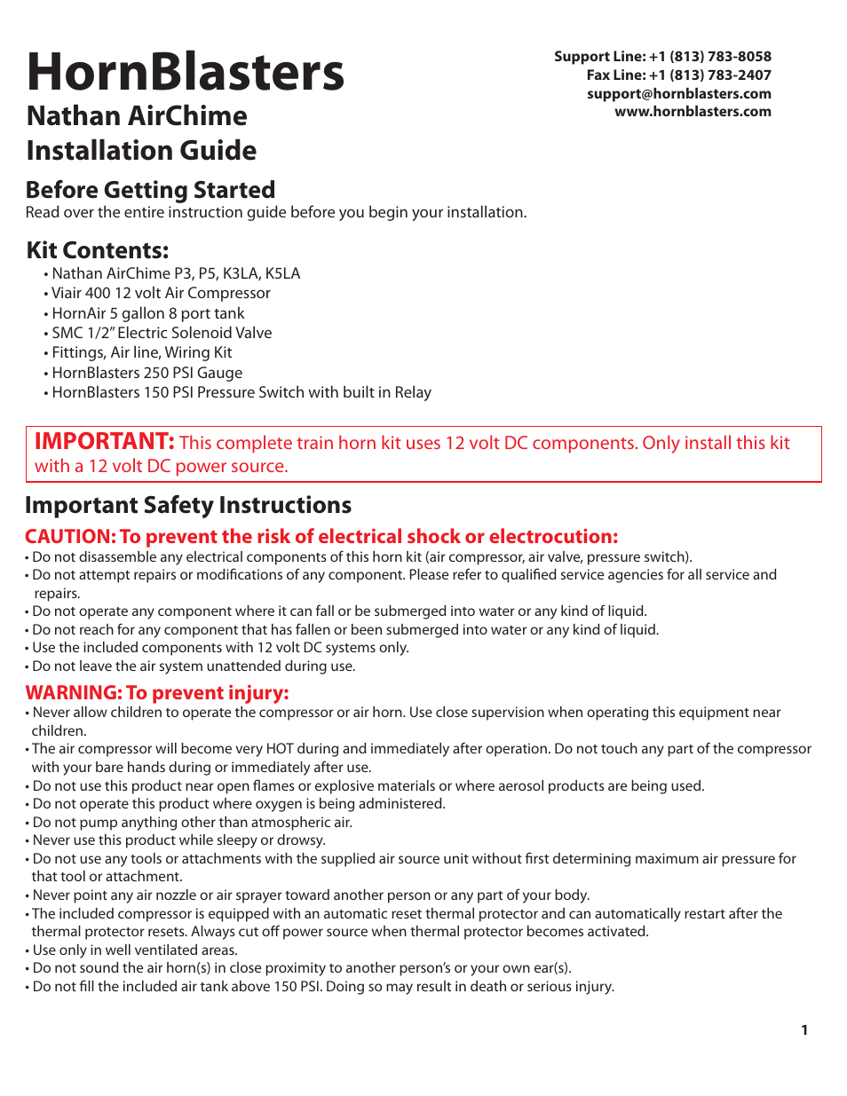 Nathan_540_color_pg1, Hornblasters, Nathan airchime installation guide | Kit contents, Important, Before getting started, Important safety instructions | HornBlasters Nathan 500 Series Horn Kit User Manual | Page 2 / 9