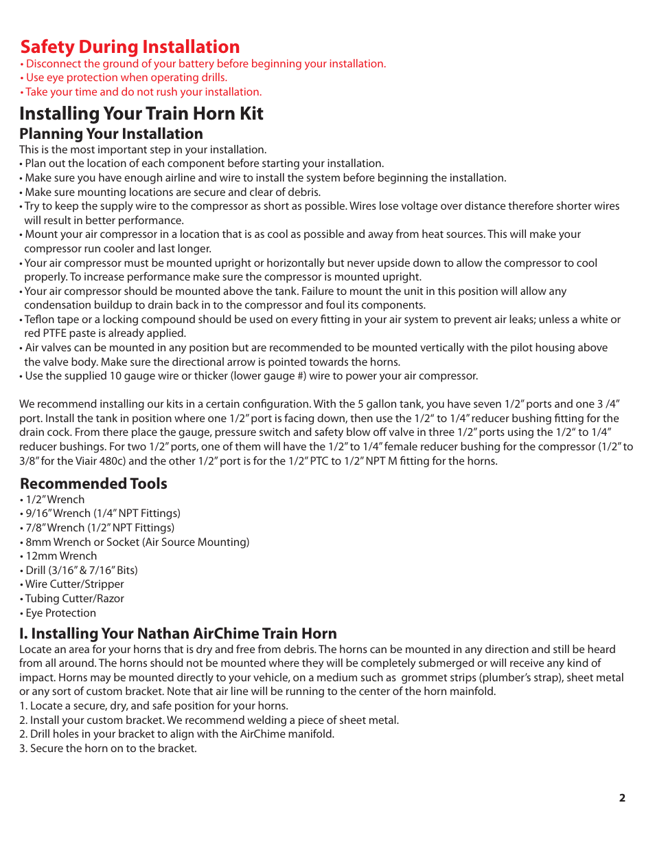 Nathan_540_color_pg2, Safety during installation, Installing your train horn kit | Planning your installation, Recommended tools, I. installing your nathan airchime train horn | HornBlasters Nathan 500 Series Horn Kit User Manual | Page 3 / 9