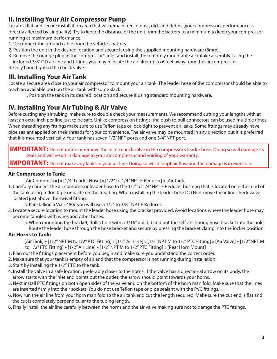 Nathan_540_color_pg3, Ii. installing your air compressor pump, Iv. installing your air tubing & air valve | Iii. installing your air tank, Important | HornBlasters Nathan 500 Series Horn Kit User Manual | Page 4 / 9