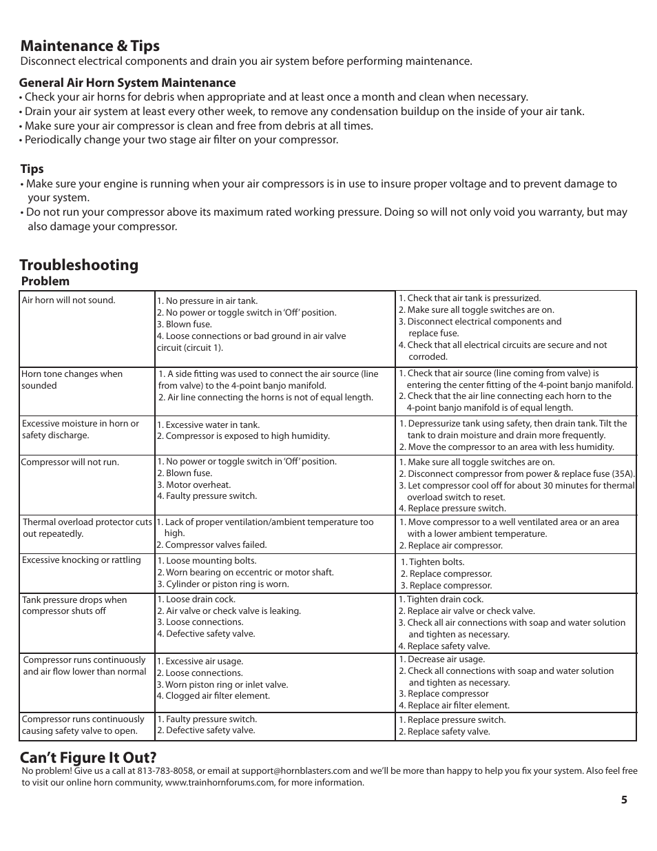 Nathan 540pg5, Maintenance & tips, Troubleshooting | Can’t figure it out | HornBlasters Nathan 500 Series Horn Kit User Manual | Page 6 / 9