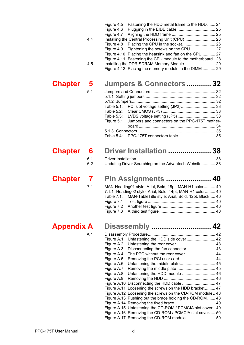 Chapter 5 jumpers & connectors, Chapter 6 driver installation, Chapter 7 pin assignments | Appendix a disassembly | Advantech PPC-175T User Manual | Page 12 / 72