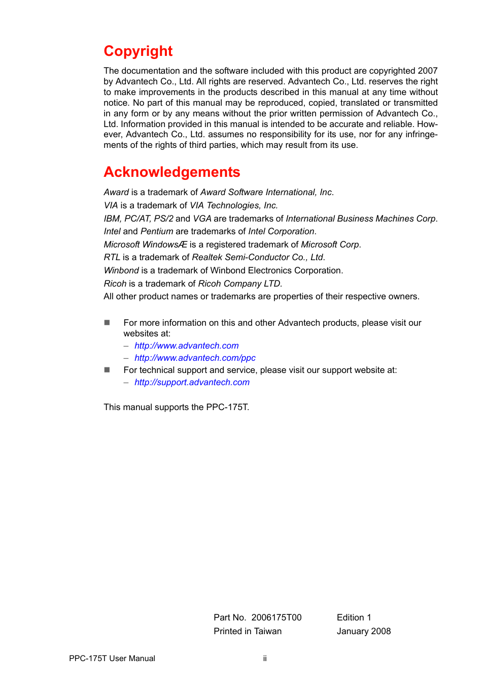 Copyright, Acknowledgements | Advantech PPC-175T User Manual | Page 2 / 72