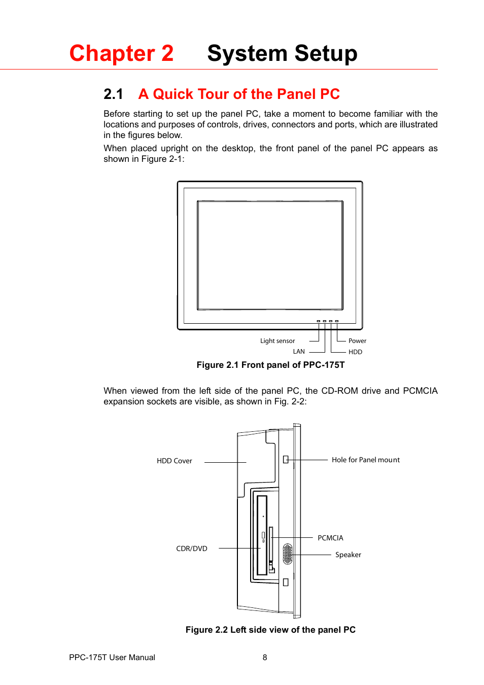 Chapter 2 system setup, 1 a quick tour of the panel pc, Figure 2.1 front panel of ppc-175t | Figure 2.2 left side view of the panel pc, A quick tour of the panel pc figure 2.1, Front panel of ppc-175t, Figure 2.2, Left side view of the panel pc | Advantech PPC-175T User Manual | Page 22 / 72