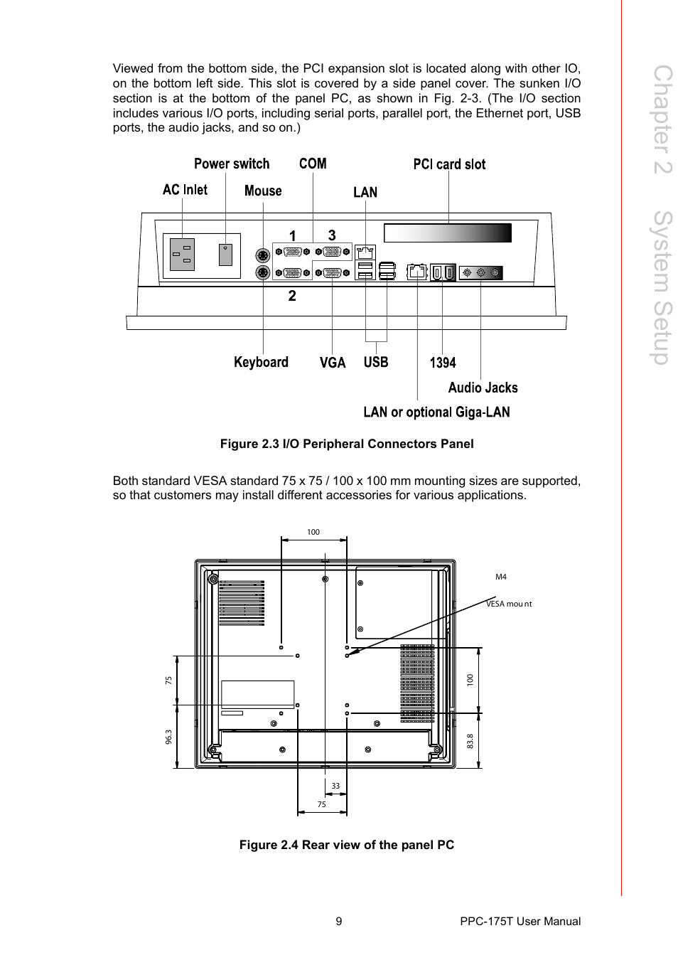 Figure 2.3 i/o peripheral connectors panel, Figure 2.4 rear view of the panel pc, Figure 2.3 | I/o peripheral connectors panel, Figure 2.4, Rear view of the panel pc, Chapter 2 s ystem setup | Advantech PPC-175T User Manual | Page 23 / 72