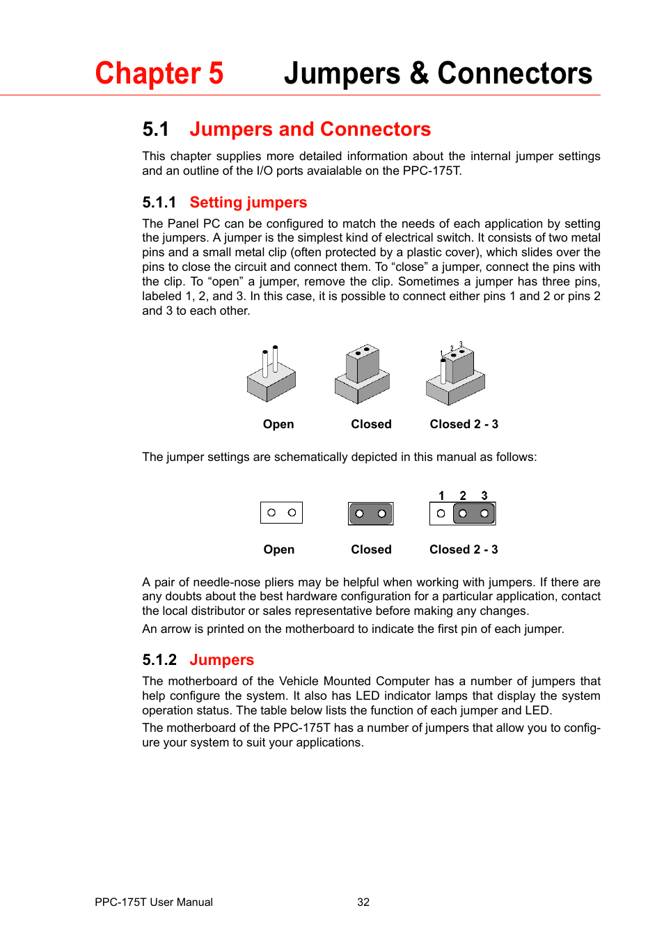 Chapter 5 jumpers & connectors, 1 jumpers and connectors, 1 setting jumpers | 2 jumpers, Chapter, Jumpers & connectors | Advantech PPC-175T User Manual | Page 46 / 72