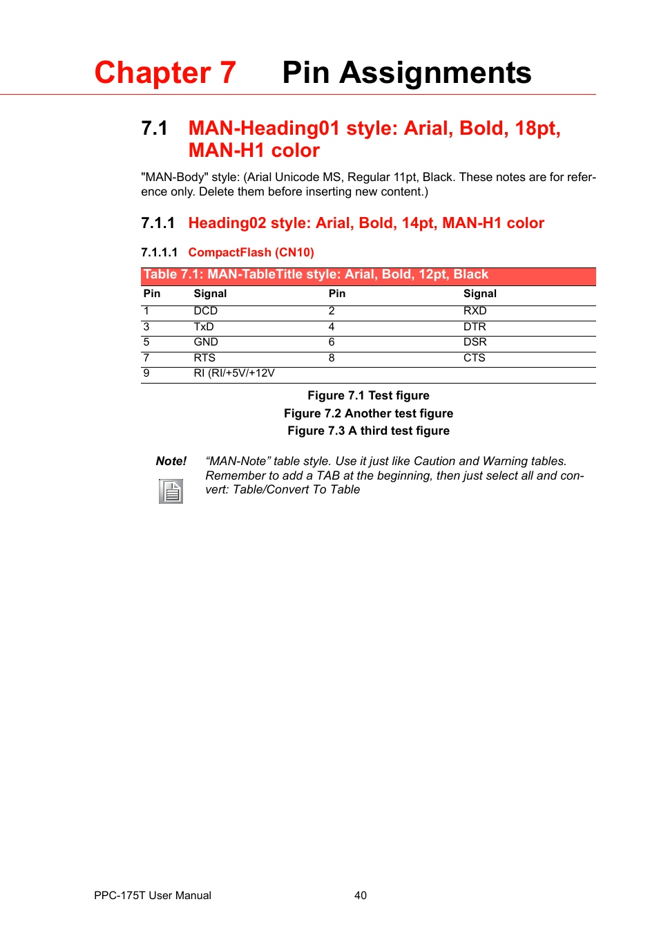 Chapter 7 pin assignments, 1 heading02 style: arial, bold, 14pt, man-h1 color, Figure 7.1 test figure | Figure 7.2 another test figure, Figure 7.3 a third test figure, Man-tabletitle style: arial, bold, 12pt, black, Figure 7.1, Test figure, Figure 7.2, Another test figure | Advantech PPC-175T User Manual | Page 54 / 72
