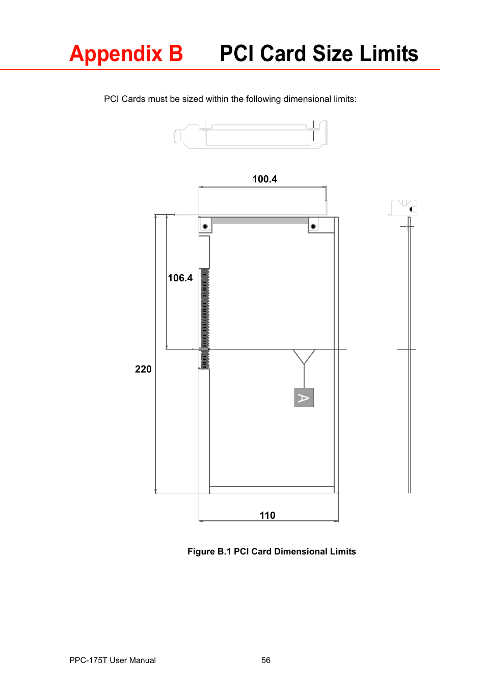 Appendix b pci card size limits, Figure b.1 pci card dimensional limits | Advantech PPC-175T User Manual | Page 70 / 72