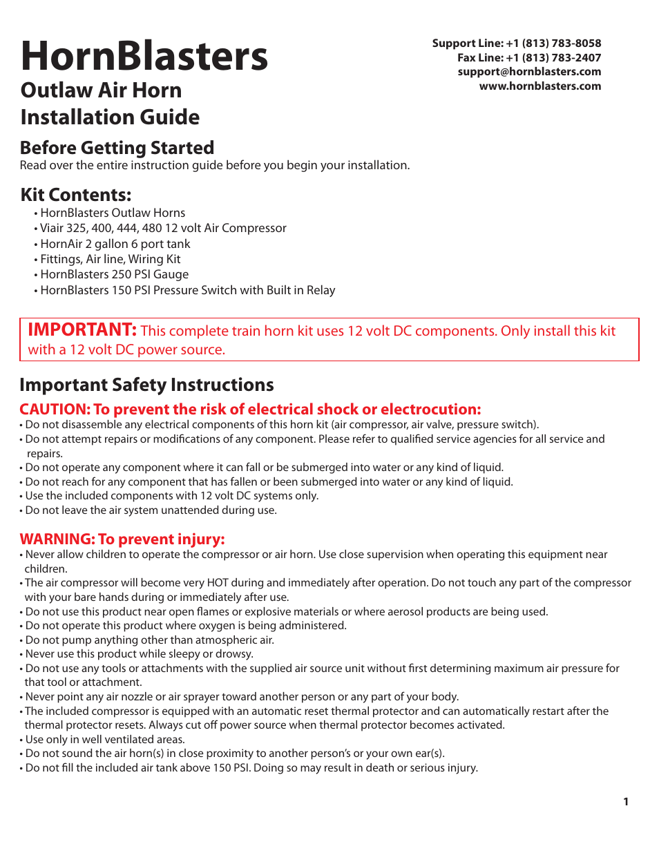 Outlaw_232_color_pg1, Hornblasters, Outlaw air horn installation guide | Kit contents, Important, Before getting started, Important safety instructions | HornBlasters Outlaw 200 Series User Manual | Page 2 / 9