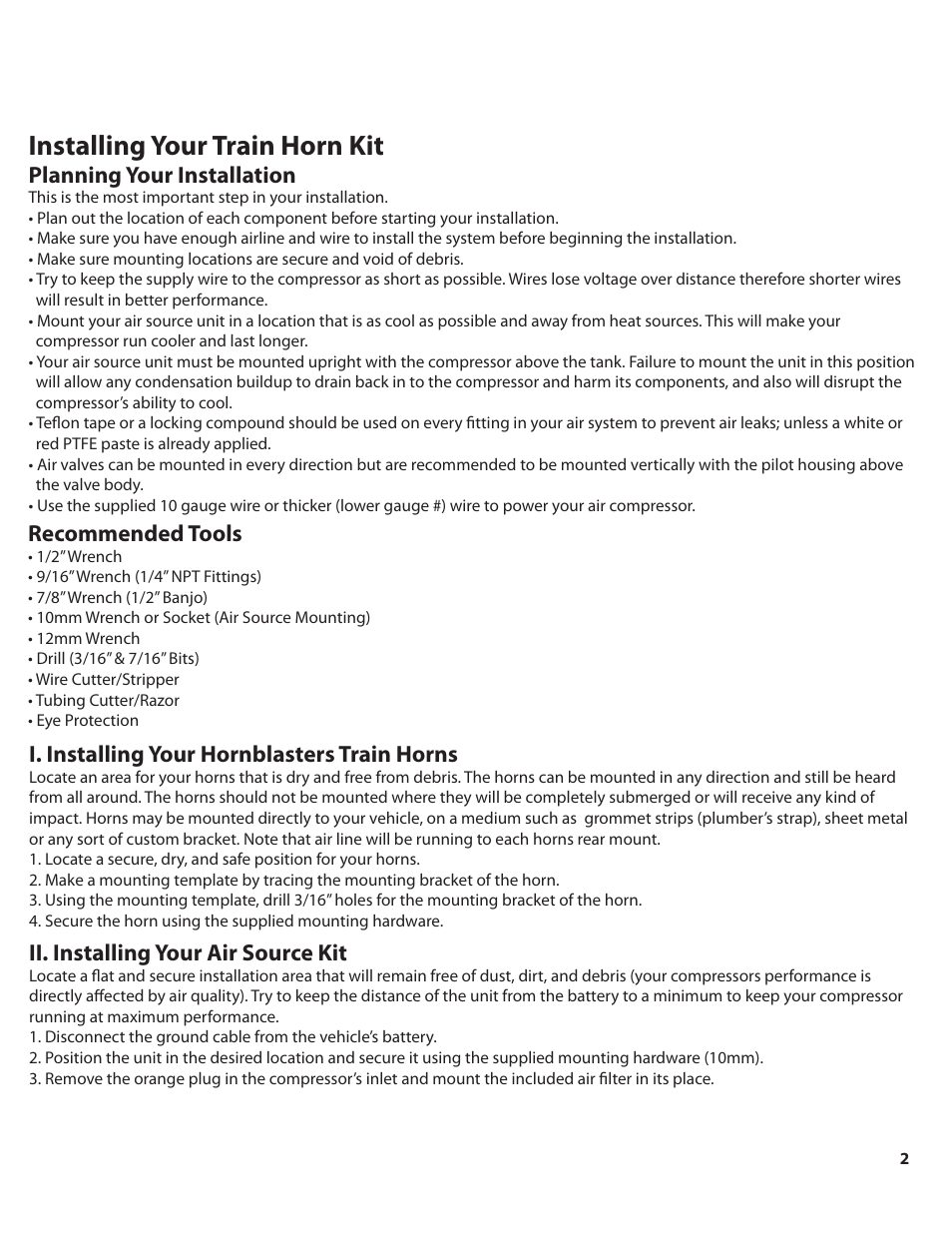 Katrina_228_color_pg2, Installing your train horn kit, Planning your installation | Recommended tools, I. installing your hornblasters train horns, Ii. installing your air source kit | HornBlasters Admiral/Katrina VX Series User Manual | Page 3 / 8