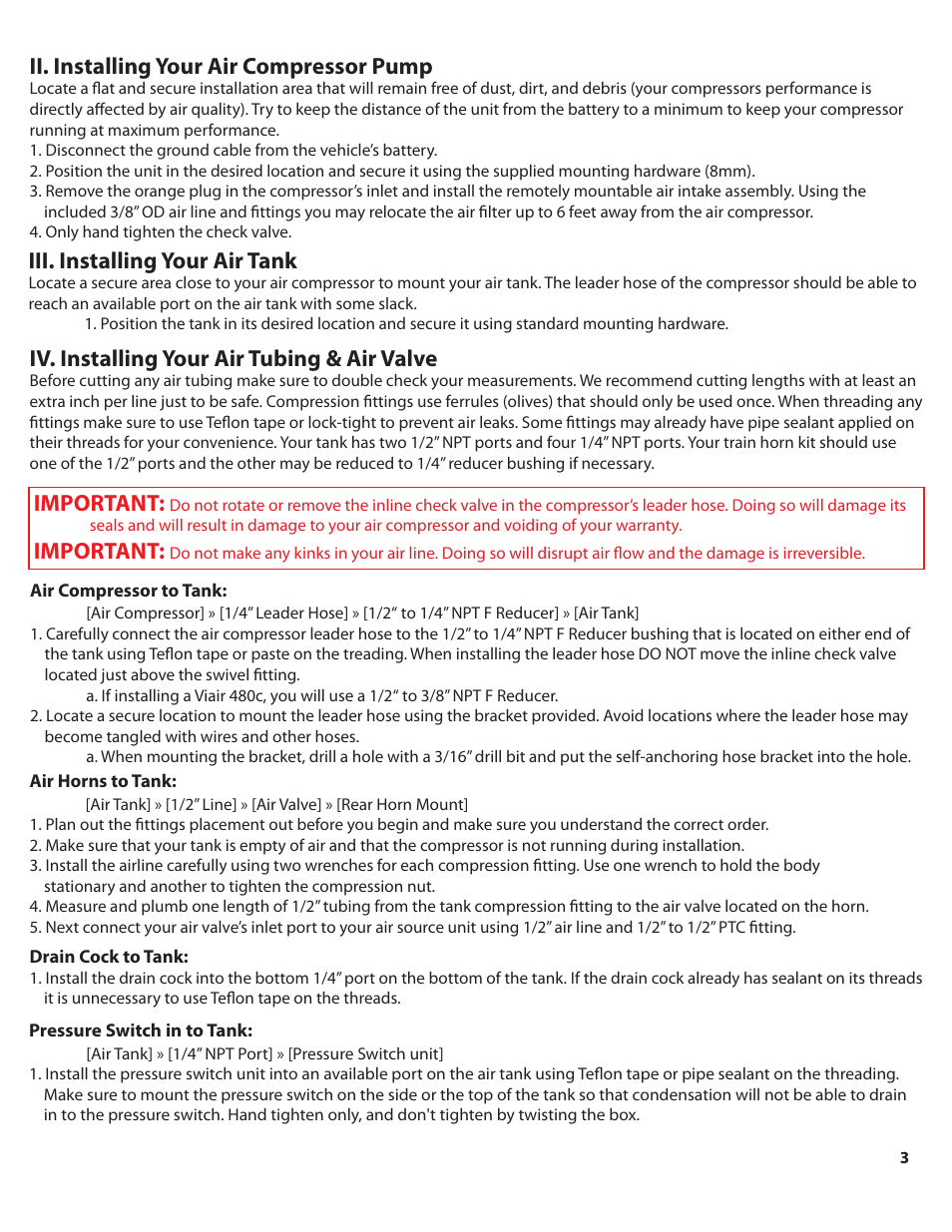 Katrina_240_color_pg3, Ii. installing your air compressor pump, Iv. installing your air tubing & air valve | Iii. installing your air tank, Important | HornBlasters Admiral/Katrina 200 Series User Manual | Page 4 / 9