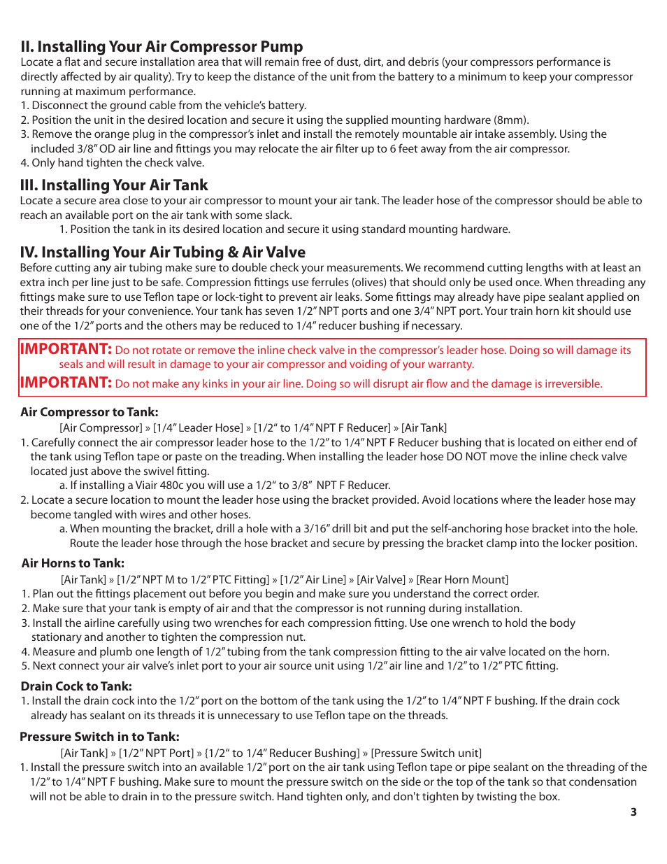 Katrina_540_color_pg3, Ii. installing your air compressor pump, Iv. installing your air tubing & air valve | Iii. installing your air tank, Important | HornBlasters Admiral/Katrina 500 Series User Manual | Page 4 / 9