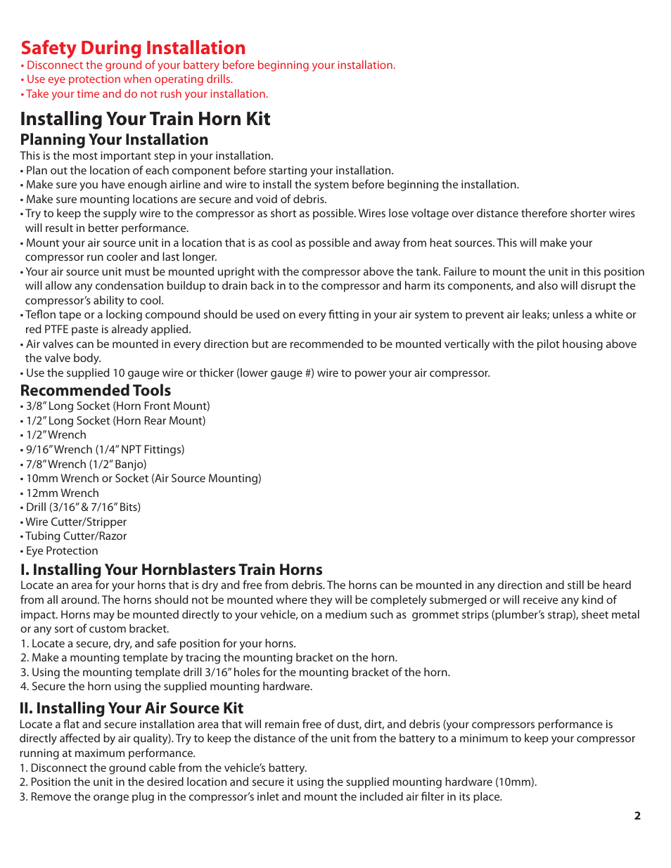 Airhorn_color_pg2, Safety during installation, Installing your train horn kit | Planning your installation, Recommended tools, I. installing your hornblasters train horns, Ii. installing your air source kit | HornBlasters VX Bandit User Manual | Page 3 / 8