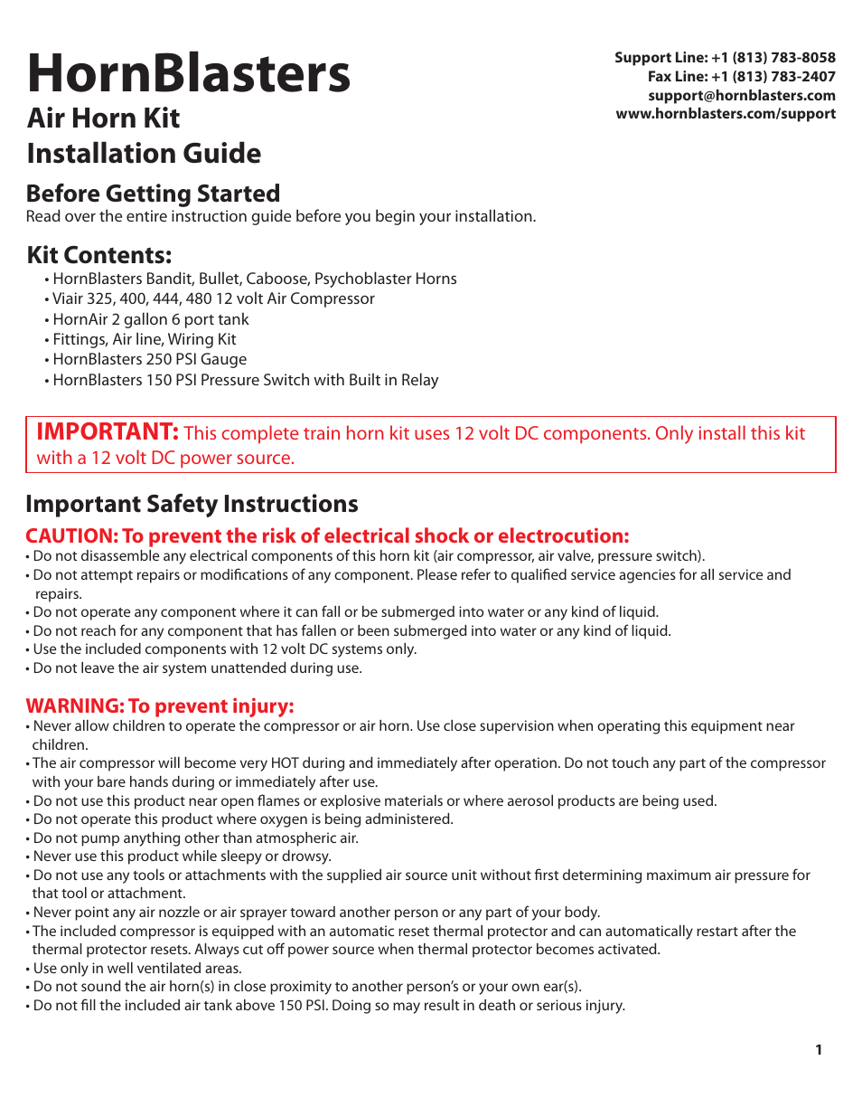 Airhorn_232_color_pg1, Hornblasters, Air horn kit installation guide | Kit contents, Important, Before getting started, Important safety instructions | HornBlasters AirHorn 200-Series User Manual | Page 2 / 9