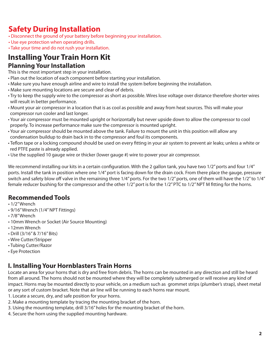 Airhorn_232_color_pg2, Safety during installation, Installing your train horn kit | Planning your installation, Recommended tools, I. installing your hornblasters train horns | HornBlasters AirHorn 200-Series User Manual | Page 3 / 9