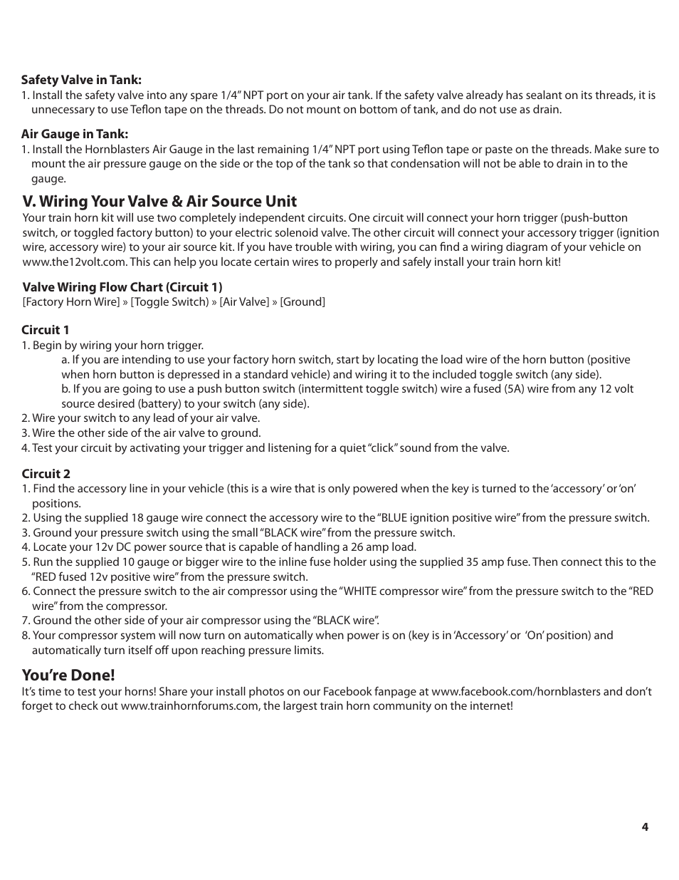 Airhorn_232_color_pg4, V. wiring your valve & air source unit, You’re done | HornBlasters AirHorn 200-Series User Manual | Page 5 / 9