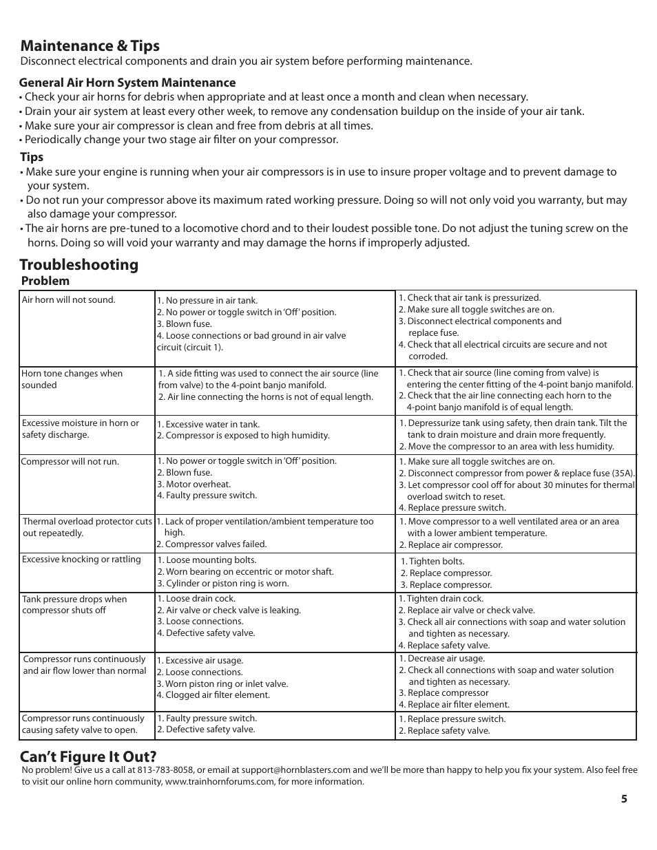Airhorn_232_color_pg5, Maintenance & tips, Troubleshooting | Can’t figure it out | HornBlasters AirHorn 200-Series User Manual | Page 6 / 9