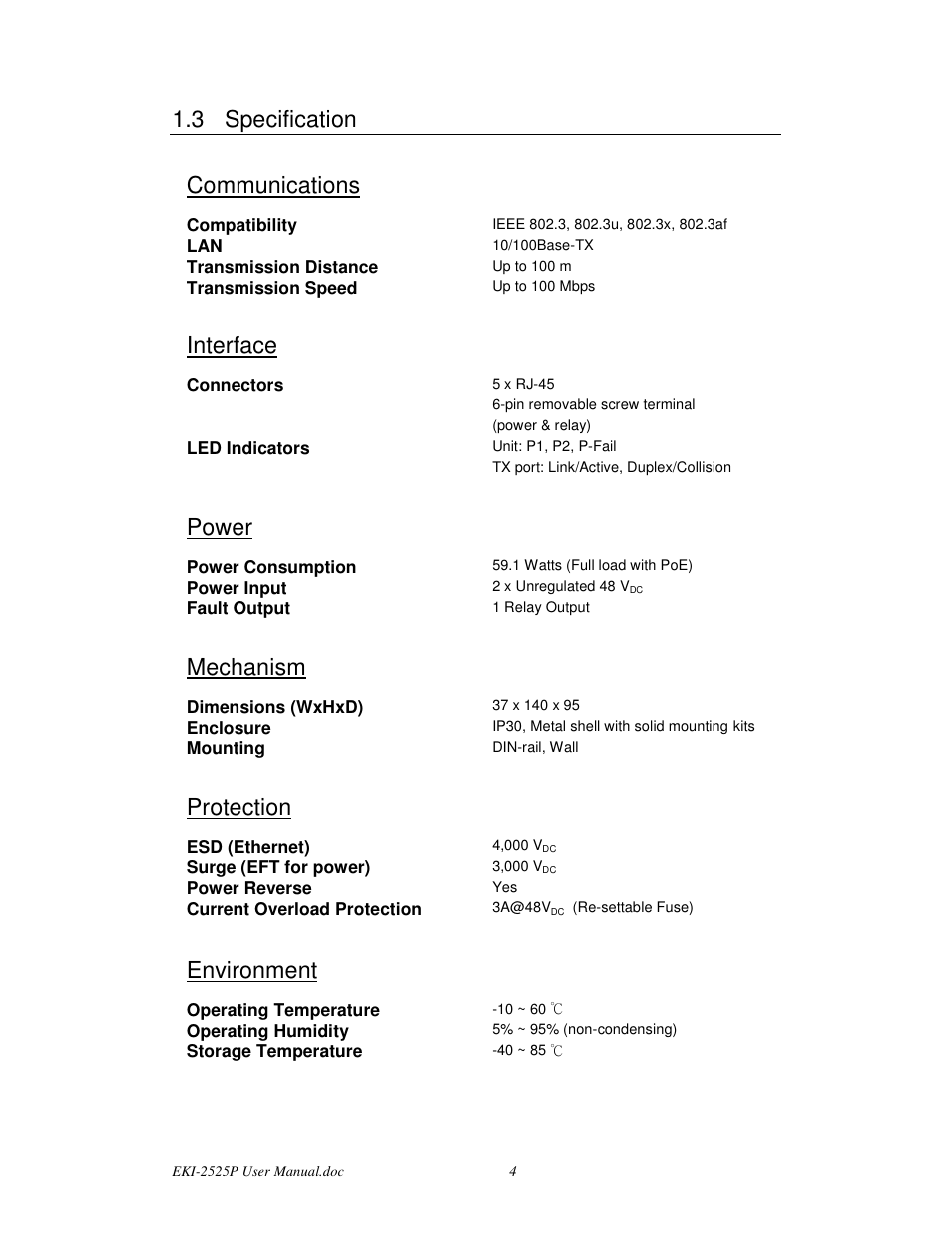 3 specification, Communications, Interface | Power, Mechanism, Protection, Environment | Advantech EKI-2525P User Manual | Page 12 / 28