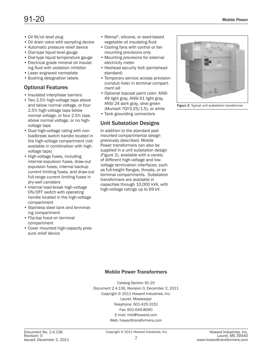 Optional features, Unit substation designs | Howard Mobile Power Transformers User Manual | Page 2 / 2